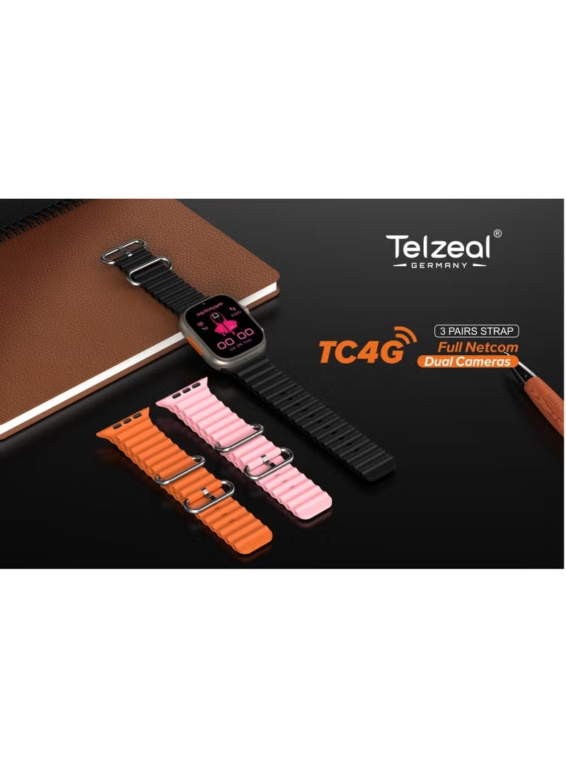 Telzeal TC4G Full Screen Smart Watch with Waterproof Design, Dual Camera, SIM Card Support, Full Netcom Connectivity, Touch Screen Smart Wearable with 3 Pair Straps & Wireless Charger – Gold - Image 2